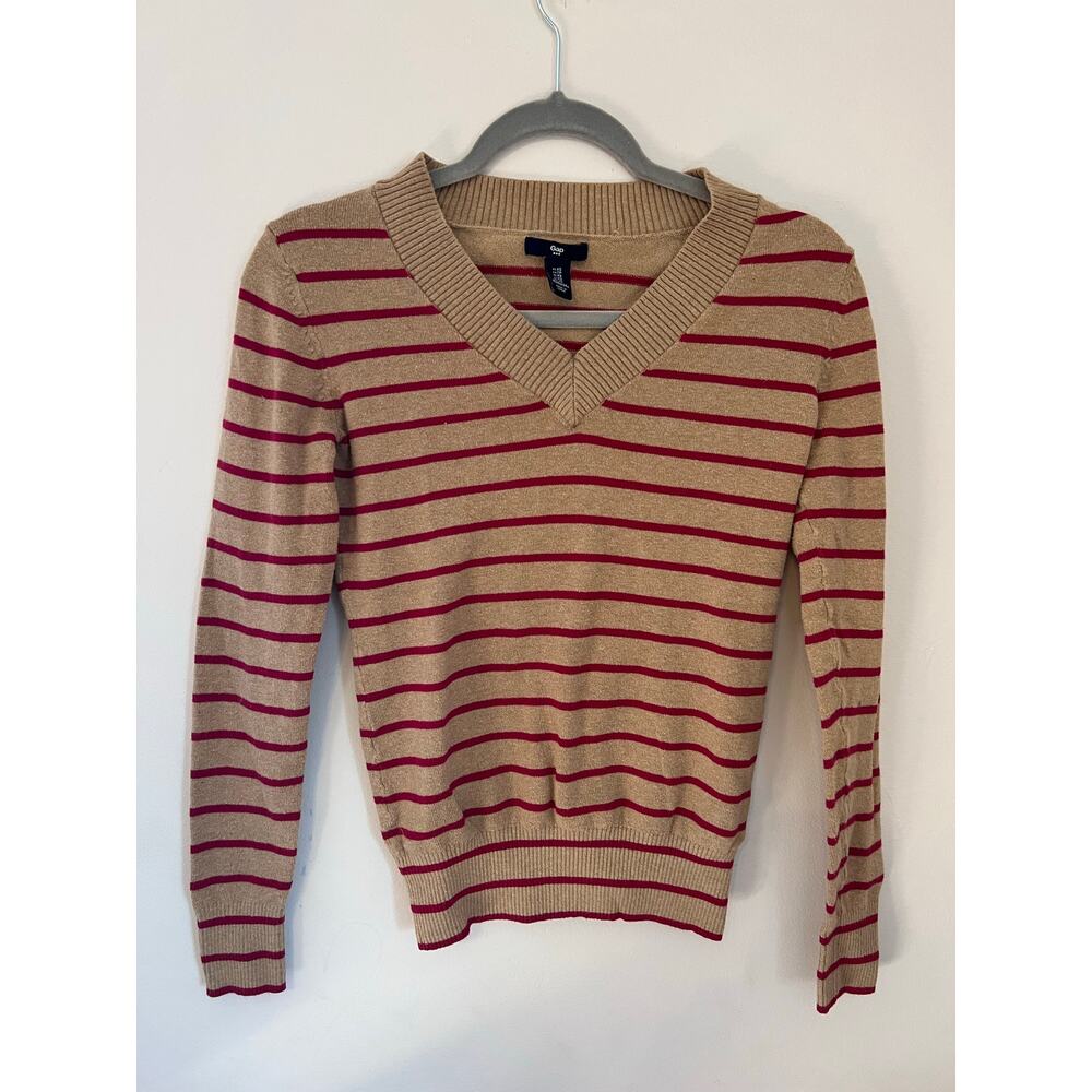 ❤️ 3/$25 GAP V Neck Sweater in Tan with Fuschia stripes, y2k style, XS